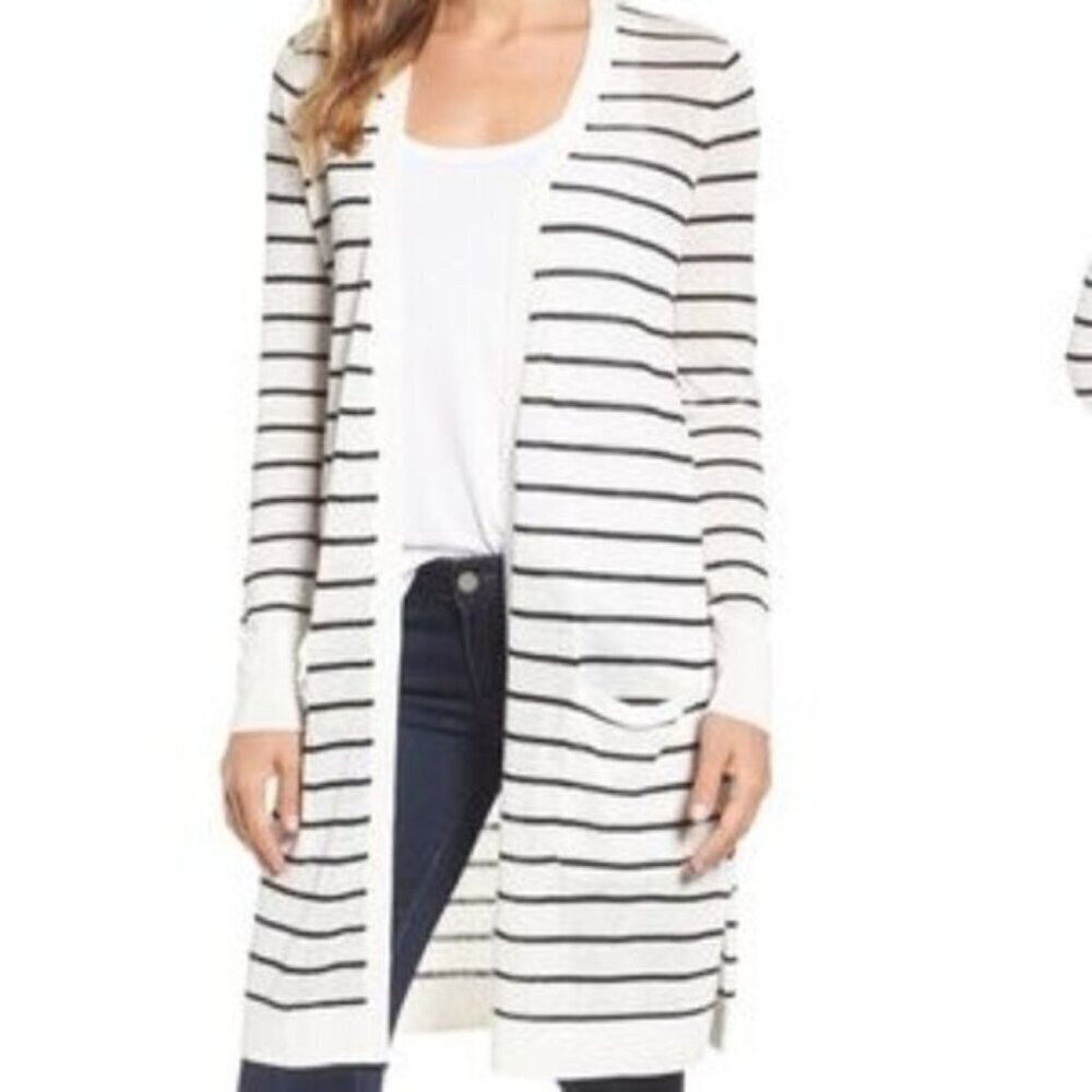 Halogen Linen Blend Long Cardigan Sweater Striped White Black Size XS